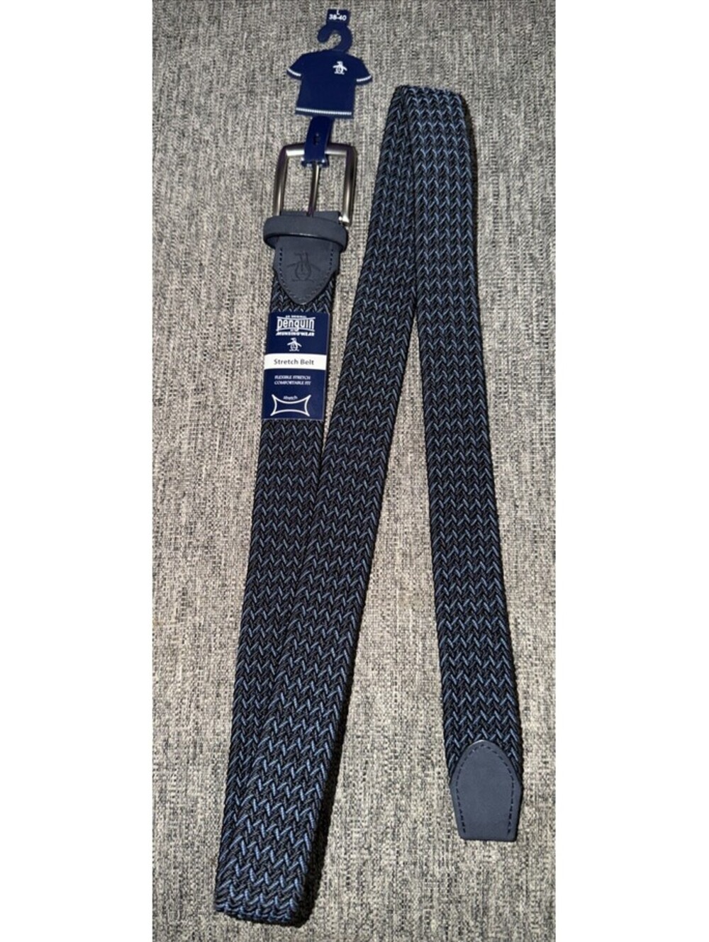 Original Penguin Men's Large 38-40 Navy Blue / Sky Stretch Woven Golf Belt New